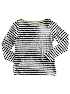 Boden Breton Long-Sleeve Navy White Stripe Mariner Top Gold Lemon Size 6 Women’s